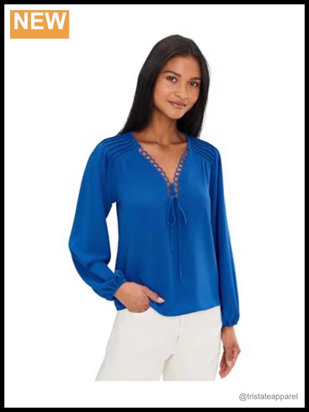 Long Sleeve Pintuck Blouse with Puff Sleeves V-Neck